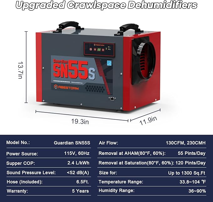 Abestorm Crawl Space Dehumidifier 120Pint Commercial Basement, Industrial Under House Dehumidifier with Drain Hose, Auto Defrosting, ETL - Image 5