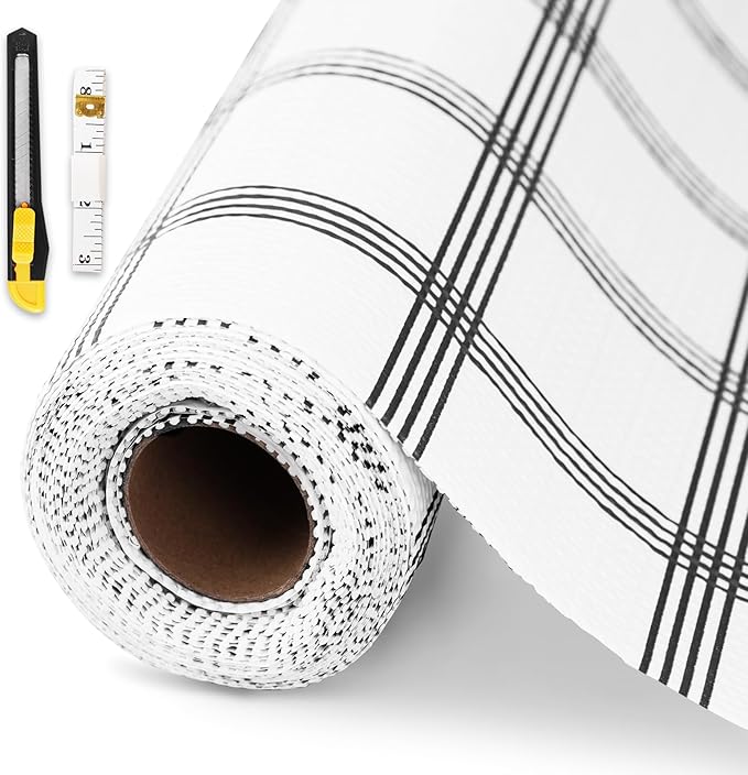 Drawer and Shelf Liner for Kitchen Cabinet,Non-Adhesive Cabinet Liner 18in x 30FT,Waterproof Shelf Paper Non-Slip Mats Cupboard Liners Contact Protect Dresser/Shelves/Table-White Stripes by GTJ