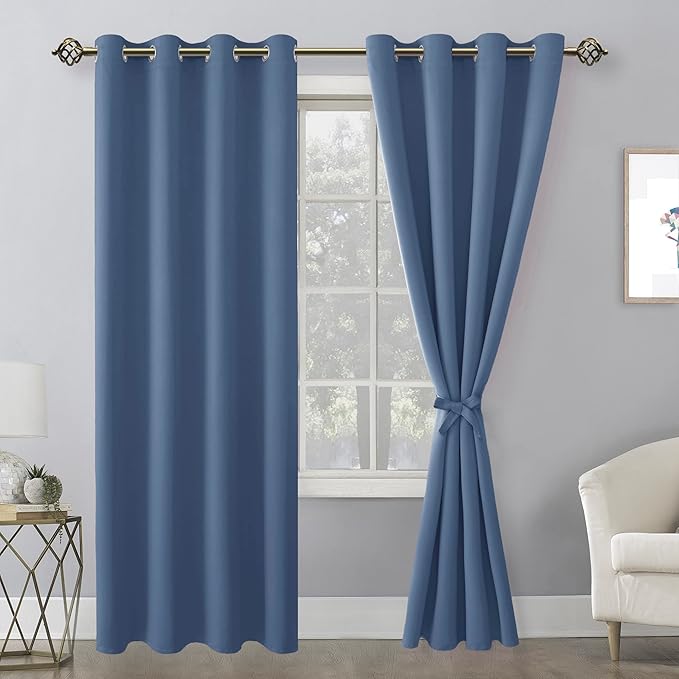 Hiasan Blackout Curtains for Bedroom, 52 x 84 Inches Long - Thermal Insulated & Light Blocking Window Curtains for Living Room/Kids Room, 2 Drape Panels Sewn with Tiebacks, Blue Haze - Image 2