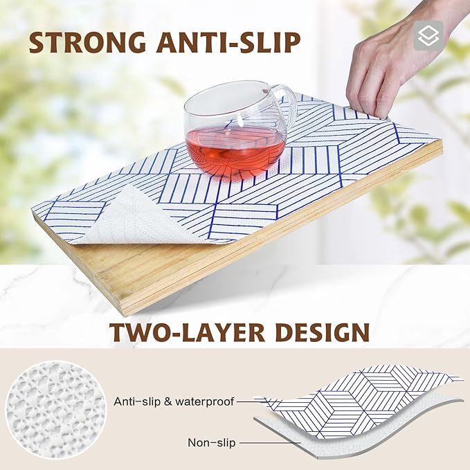 Shelf Liners for Kitchen Cabinets 17.3in x 20FT, Non Adhesive Cabinet Liner Strong Non-Slip White and Blue Geometric Drawer Liner, Easy to Clean for Shelf, Cabinet with Knife and Tape Measure - Image 2