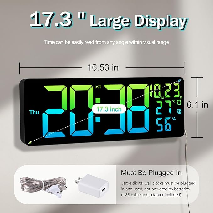 JoFomp 17.3" Large Digital Wall Clock, LED Digital Clock Large Display with Remote Control, Alarm Clock with Temp/DST/Dimmer/Humidity/Timer/Ambient Light - 12/24H, Alarm Wall Clock for Bedroom - Image 2