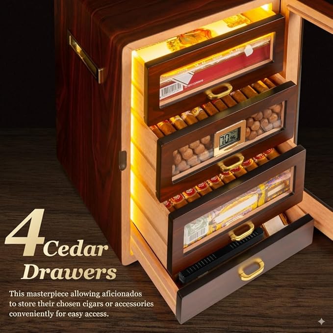 Desktop Cigar Humidor Cabinet Triple-Sided Light with Digital Hygrometer, Humidifier and Humidity Packs. 4 Ceder Wood Drawers, Cigar Humidor Box can Hold 200 Cigars. Present for Men - Image 5