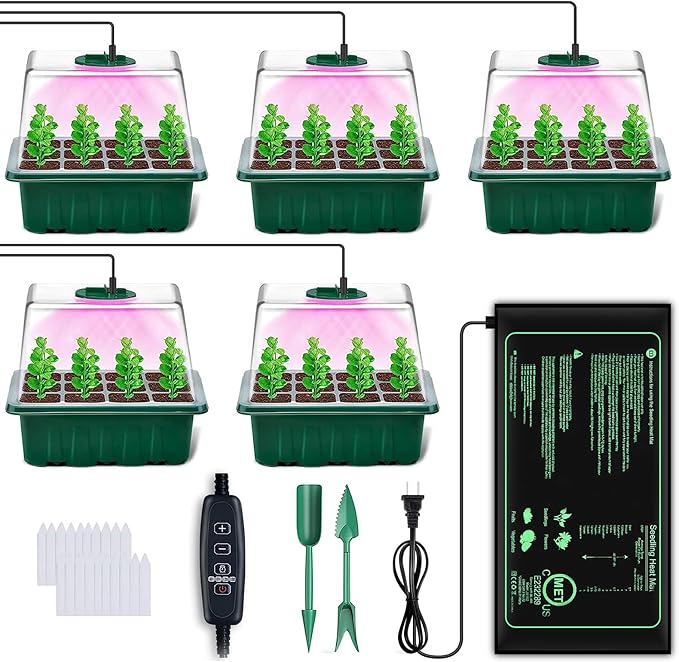 YAUNGEL Seed Starter Tray with Grow Light, 5 Pack Seed Starter Kit with Heat Mat, Seedling Starter Trays with Timing Controller Adjustable Brightness, Thicken Trays with Humidity Domes by YAUNGEL