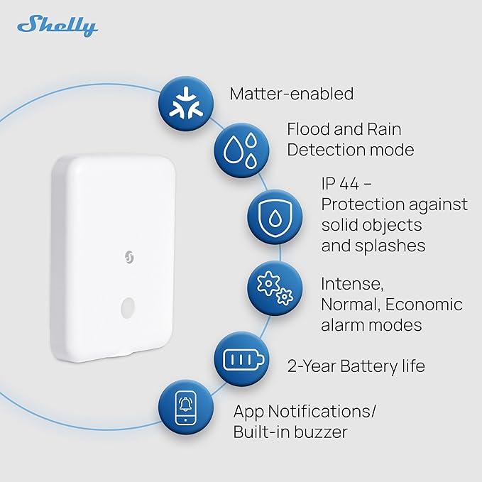 Shelly Flood Gen4, WiFi, Bluetooth, Zigbee, Matter Smart Flood Sensor with Leak Sensor Cable, Alexa, SmartThings, Google Home, Apple HomeKit Compatible, Flood and Rain Detection, Easy to Use, IP44 - Image 5