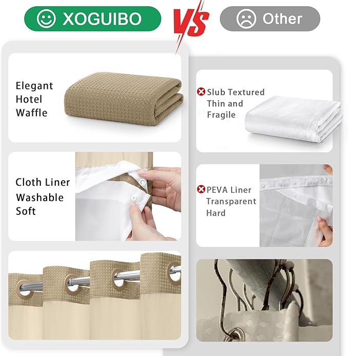 No Hook Shower Curtain and Liner Set,Beige Hotel Waffle Shower Curtain with Liner 81" L x 72" W - Image 5