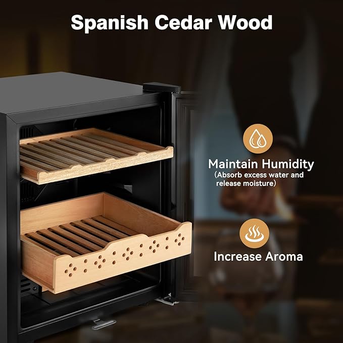 Electric Cooler Cabinet 50L with Temperature and Humidity Control, Spanish Cedar Wood Shelves and Safety Lock (400 Counts Capacity), Gift for Men - Image 4