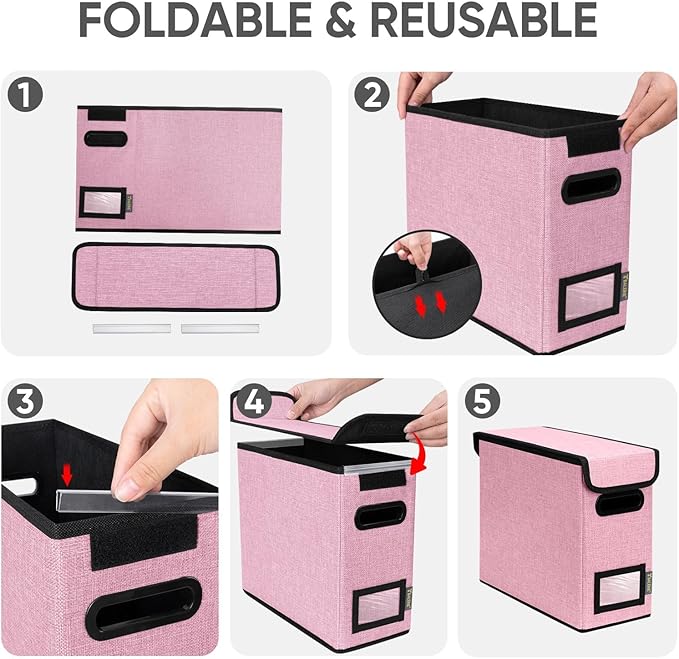 BALEINE File Organizer Box with Lid, Collapsible File Folder Organizer with Plastic Slide, Hanging File Folder Box for Office Document Storage (2 Pack, Pink, S) - Image 8