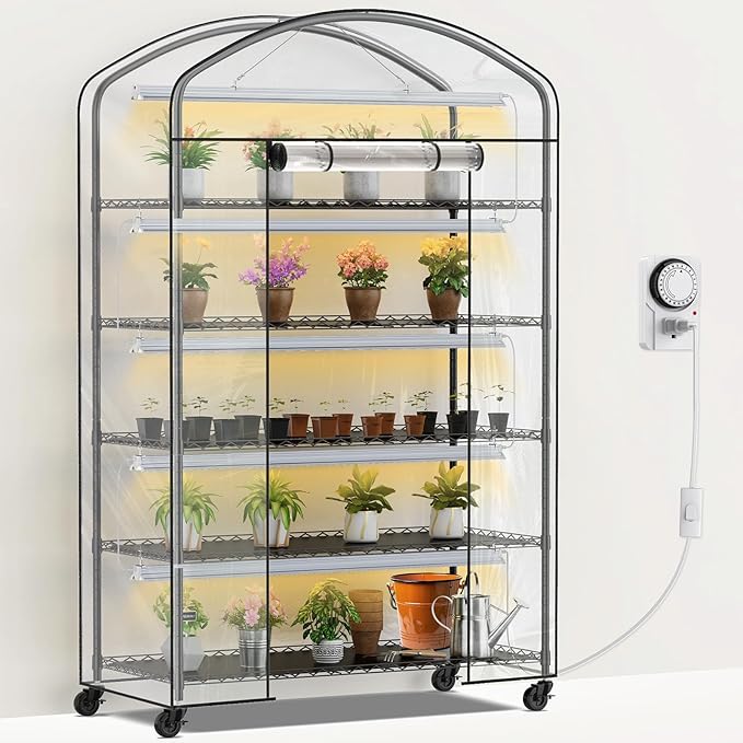 Abimars 5-Tier Greenhouse with Grow Light, Shelf Height Adjustable Metal Plant Shelf with PVC Cover and Wheels, Includes 5-Pack 2900K Full Spectrum Plant Lights, 21x49x80inch by Abimars