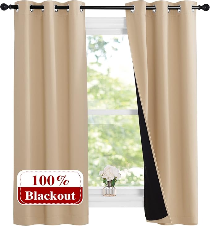 NICETOWN Bedroom Full Blackout Curtain Panels, Super Thick Insulated Grommet Drapes, Double-Layer Blackout Draperies with Black Liner for Small Window (Set of 2 Pcs, 37 by 63-inch, Biscotti Beige) by NICETOWN