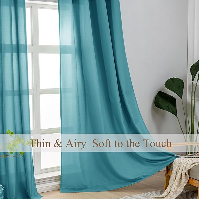 L.Z.E Non-See-Through Privacy Curtains 63 Inch Length 2 Panels Set, Teal Light Filtering Semi Sheer Curtains for Living Room Bedroom Nursery, Rod Pocket Short Window Panels (55" W x 63" L) - Image 2