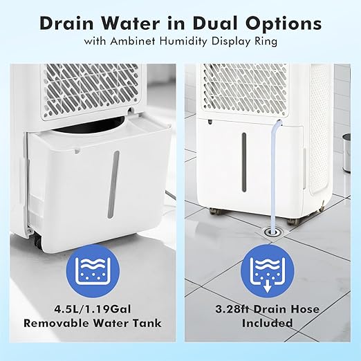 NEWBULIG 50Pints Dehumidifier with Drain Hose, 3,500 Sq.Ft Dehumidifier for Basement, 1.19 Gallon Tank, Low 41dB, Airflow Swing, Ideal Whole House Humidity Remover for Home, Bedroom & Bathroom - Image 5