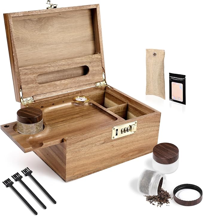 Large Wooden Box With Combination Lock, Wooden Lock Box With Lid, Locked Storage Box With Removable Tray And Jars,Ideal For Home Storage by NOELNEXUS