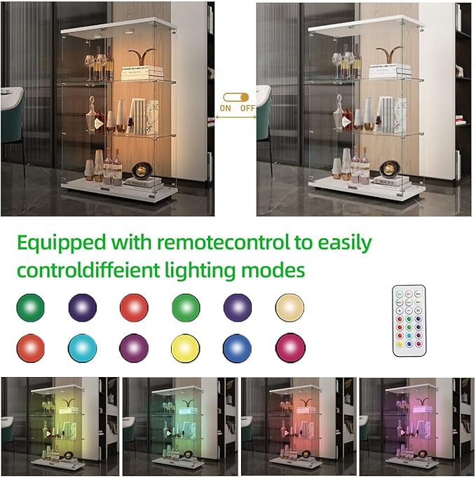 Yoluckea 3-Tier Glass Display Cabinet with Paipai Light, 2-Door Floor Standing Curio Cabinet with Adjustable Floor Feet for Home Office Corner Display, White Glass Bookshelf for Collections and Decor - Image 3