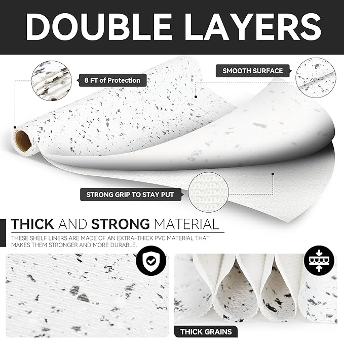 RAY STAR Shelf Liners for Kitchen Cabinets Non-Adhesive, 12 Inch x 10 Feet Trimmable Terrazzo Speckled White Shelf Liner Non Slip Vanity Cabinet Liner Refrigerator Cupboard Pantry Liner Marble - Image 7