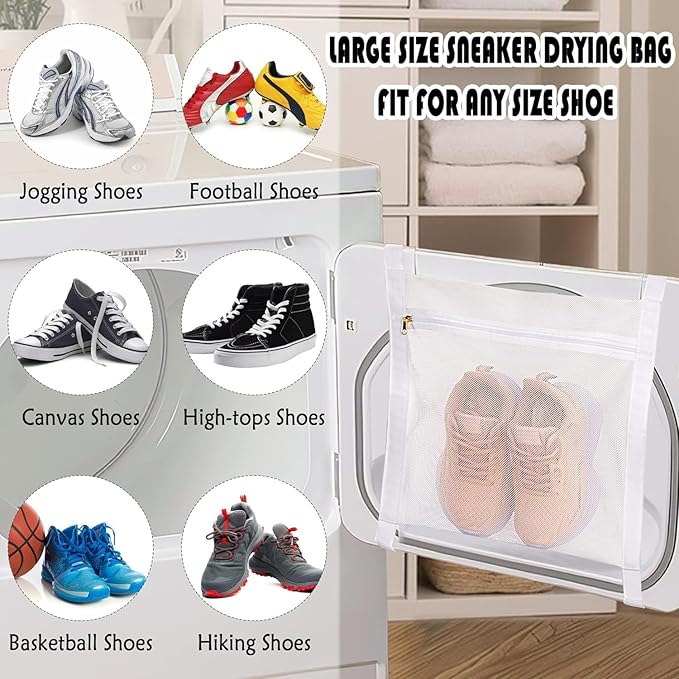 Sneaker Drying Bag, Shoe Dryer Mesh Bags, Sneaker Wash & Dry Net Bag for Dryer, Large HoneyComber Mesh Laundry Bags with Zipper and Strap for Most Dryers Door, 15.7"x13.8" (White & Grey) - Image 3