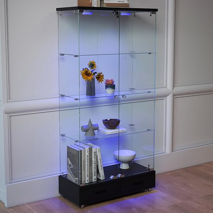 Yoluckea 4 Tier Glass Display Cabinet with LED Lighting and 2 Drawers, 2 Doors Floor Standing Curio Cabinet with Wheel for Home, Office, Corner Display, Black Glass Bookshelf for Collections and Decor - Image 9