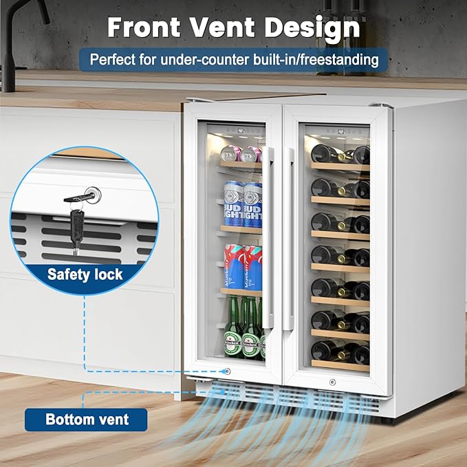 24 Inch Dual Zone Wine and Beverage Refrigerator - Under Counter Built-in/Free Standing Beverage Cooler with Glass Door,Beverage Fridge with Large Capacity, Advanced Cooling System, White - Image 6