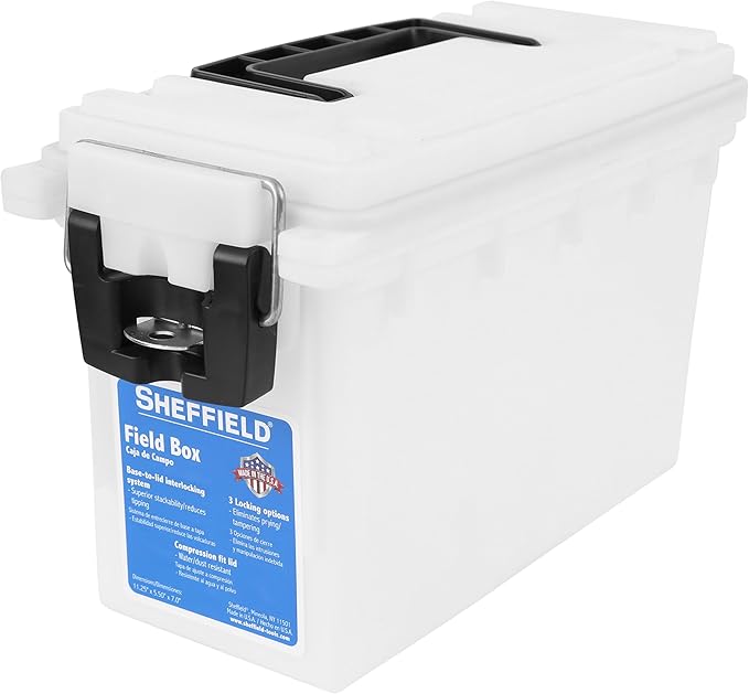 Sheffield 12635 Ammo Storage Box, Stackable .30 Cal Field Boxes, Water and Dust Resistant, Lockable Storage Box with Handle, Secures Hunting Gear, Supplies, and Bullets, Made in USA, Frost, 1-Pack by Sheffield