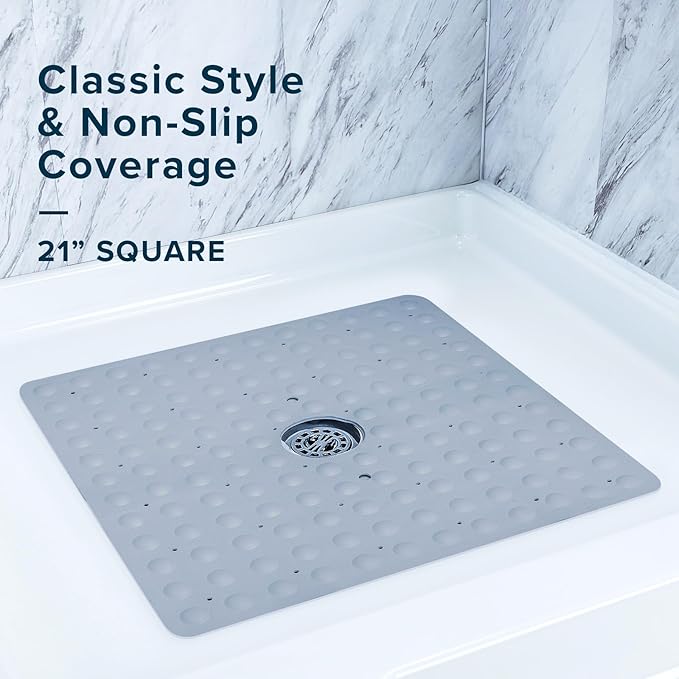 SlipX Solutions Square Natural Rubber Shower Stall Mat, 21” x 21”, Non Slip Safety, Built-in Product Protection, 140 Power Grip Suction Cups, Center Drain Hole, Gray - Image 2