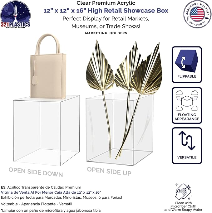 Marketing Holders 12" x 12" x 16" Clear Acrylic Display Box with One Open Side No Lid Versatile Tall Retail Product Riser Storage Bin or Wedding Floral Centerpiece Pedestal - Image 4