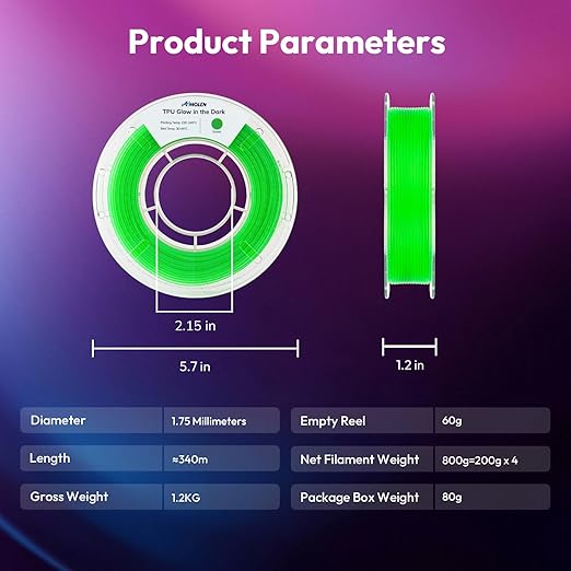 AMOLEN 95A TPU Glow in The Dark Filament Bundle, Red, Orange, Blue Purple, Green 1.75mm Soft Flexible TPU 3D Printer Filament, Best with UV Lamp, 200g x 4 Pack, Luminous Filament for Halloween - Image 7