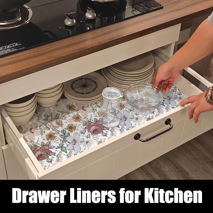 Floral Drawer Shelf Liners, Non Adhesive and Strong Non-Slip Cabinet Drawer Shelf Liners for Kitchen Wire Fridge, Waterproof Shelf Liner,Easy to Clean,12IN x 10FT - Image 3