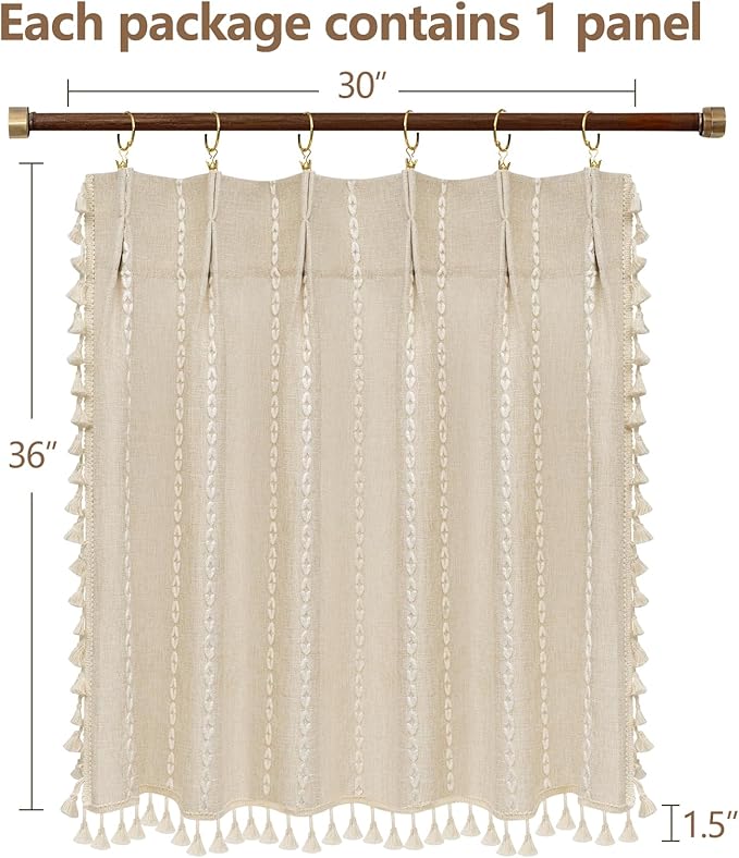 Beige Boho Farmhouse Window Curtain with Tassels, 30 x 36 Inch Light Filtering Sheer Short Cafe Window Curtain Tier, Linen Textured Pleated Small Window Drape for Kitchen or Bathroom, 1 Panel - Image 6