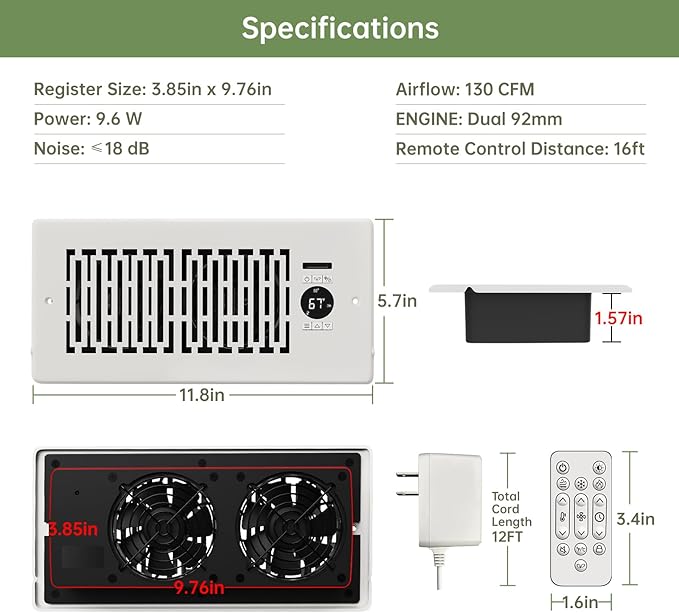 Register Booster Fan Fits 4” x 10” Register Holes, Smart Control Heating Cooling AC Vent Fan, 10-Speed Quiet Register Vent Booster Fans with Thermostat Control & Remote Control - Image 8