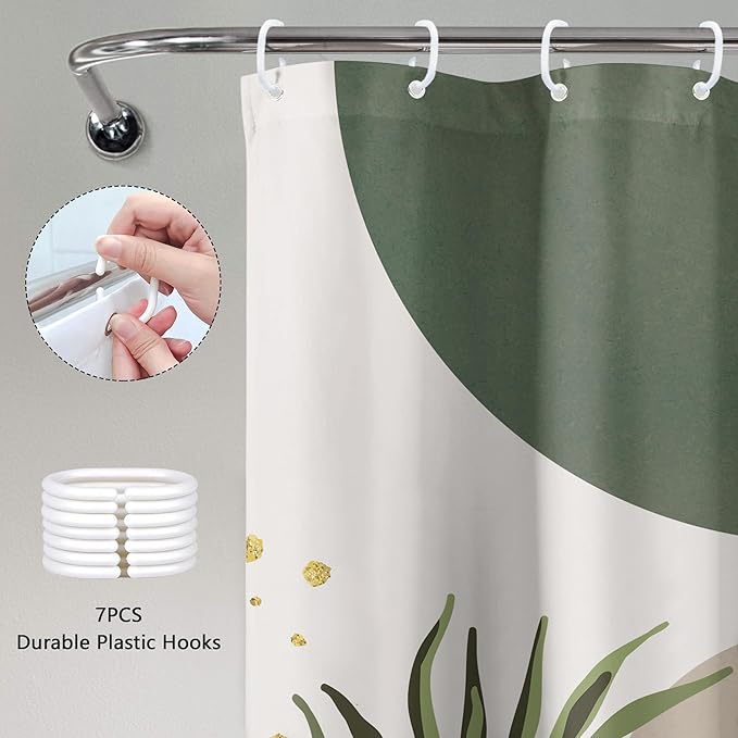 Small Stall RV Shower Curtain 36Wx72H Half Single Green Modern Boho Mid Century Abstract Gold Leave Grey Plant Bathroom Decor Minimalist Arch Aesthetic Bath Curtain Polyester 7 Pack Hooks - Image 4