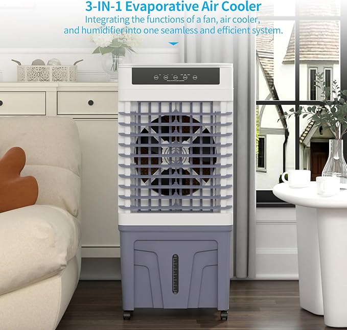 TABU 3531CFM Evaporative Air Cooler, 3-in-1 Portable Swamp Cooler with 11.9-Gal Water Tank, Cooling,Fan & Humidifier,120° Oscillation,3 Wind Speeds,7.5H-Timer,Remote Control,Ice Packs,Grey - Image 3