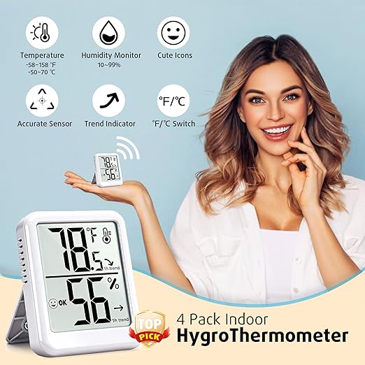 4-Pack Room Thermometer Indoor Hygrometer, Small Digital Temperature and Humidity Monitor Sensor, Temperature Humidity Gauge Meter for Home Baby Room, Plants, Pets - AAA Battery Included - Image 2