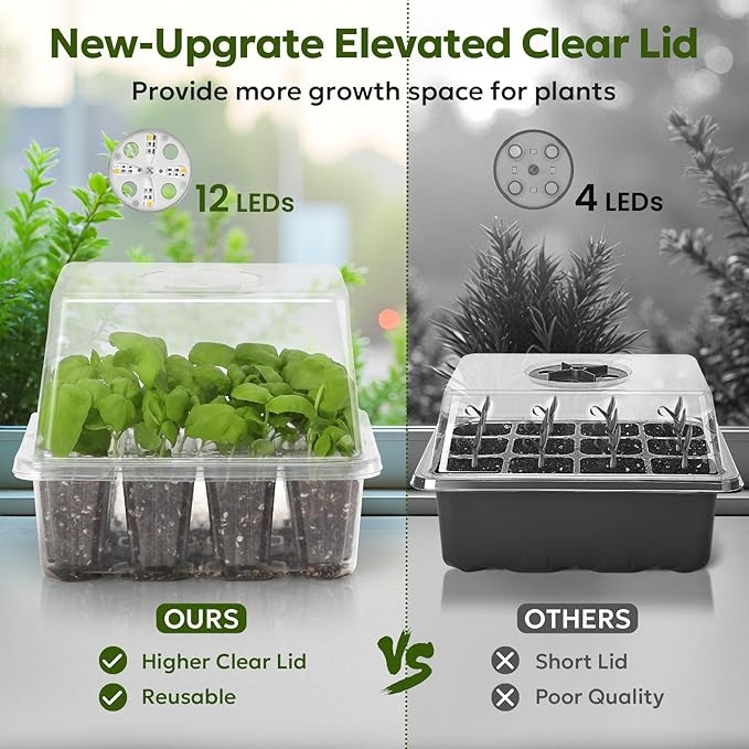 MIXC Seed Starter Kit with Grow Light, Elevated Seedling Tray Kit with Adjustable Humidity Dome and Clear Cell Tray, 12 Full Spectrum Led Beads for Seed Starting Greenhouse, 4 Pack, Transparent - Image 2