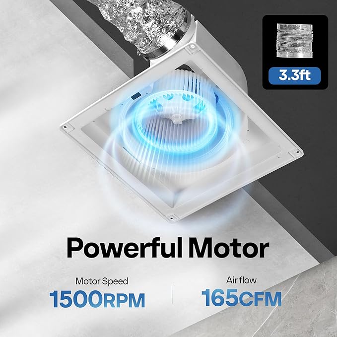 VIVOHOME Bathroom Exhaust Fan with Light, 165CFM Shower Ventilation Exhaust Fan with 6500K LED Light Combo,Ceiling Mount w/ 4" Duct Hose 1.5 Sones Square Fan, Cool White Light - Image 4
