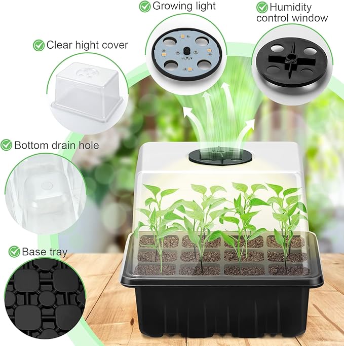 Lunies 6 Packs Seed Starter Trays with Grow Light, Seeding Starter Tray with Adjustable Humidity Dome, Base Indoor Greenhouse Germination Kit for Seed Growing Starting(12 Cells per Tray, Black) - Image 4