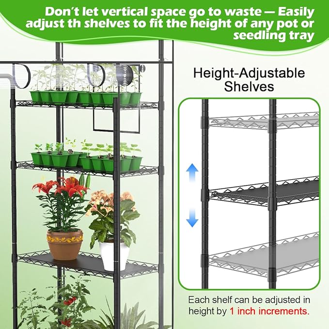 Abimars Walk-in Greenhouse with Height-Adjustable Shelves, Heavy Duty Green House for Outdoors/Indoors, 98% Light-Passing PVC Cover, 82"x57"x29", Black - Image 3