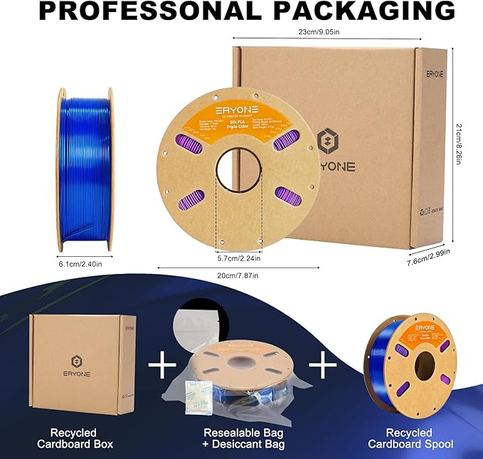 ERYONE Silk Tri Color PLA Filament 3D Printer 1.75mm +/- 0.03mm, Multicolor Filament Tricolor PLA 1KG(2.2lbs) Cardboard Spool, Blue Purple Black - Image 6
