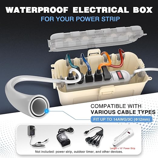 Flemoon Medium Outdoor Electrical Box Waterproof with Clear Lid, Weatherproof Extension Cord Cover for Photocell Light Sensor Timer, Power Strip, Outlet, Plug, Socket, Transparent and Almond - Image 2