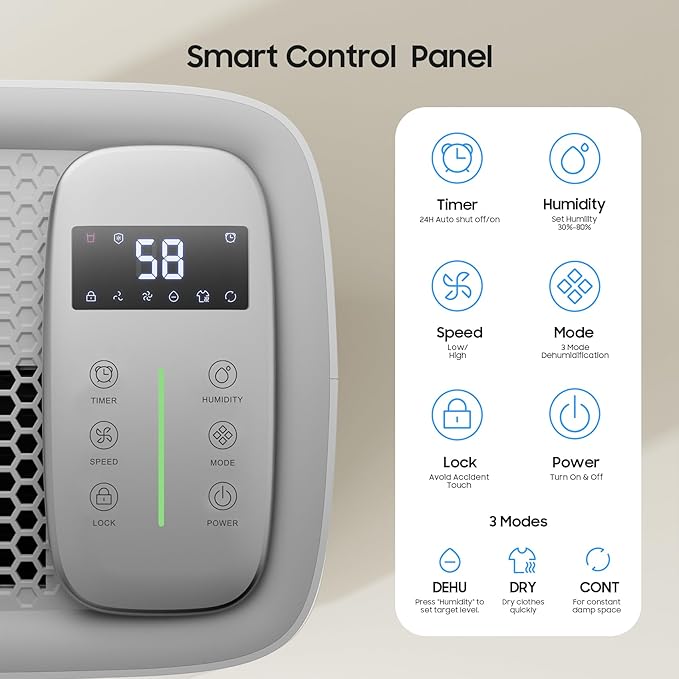 5500 Sq.Ft Energy Star Dehumidifier for Basement Home, ANDTE 80 Pints Large Room Dehumidifiers Efficient with Drain Hose & 1.32 Gal Tank, Smart Humidity Control, Touch Control Panel, Auto Defrost - Image 4