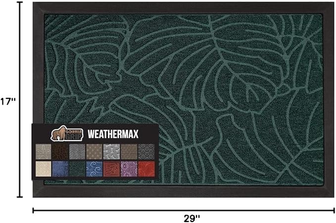 GORILLA GRIP 100% Waterproof All-Season WeatherMax Doormat US Designed Natural Rubber, Stain and Fade Resistant, Low Profile Indoor Outdoor Door Mats, Easy Clean Patio Mat, 17x29, Green Palm - Image 2