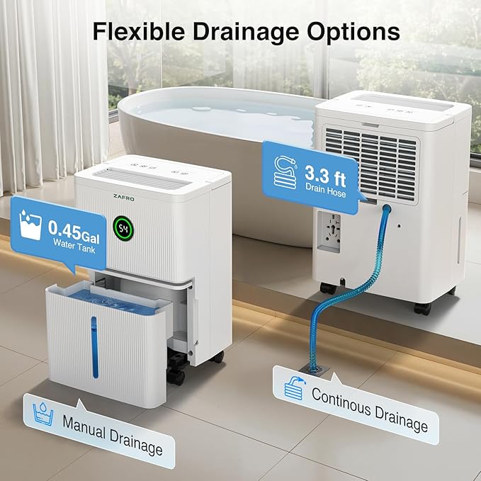 ZAFRO Dehumidifiers for Home and Basement with Drain Hose, Ultra Quiet 41dB, Energy Saving Max 21 Pints Dehumidifier with Auto or Manual Drainage, Auto Defrost, Three Modes, Dry Clothes, 24Hrs Timer - Image 6