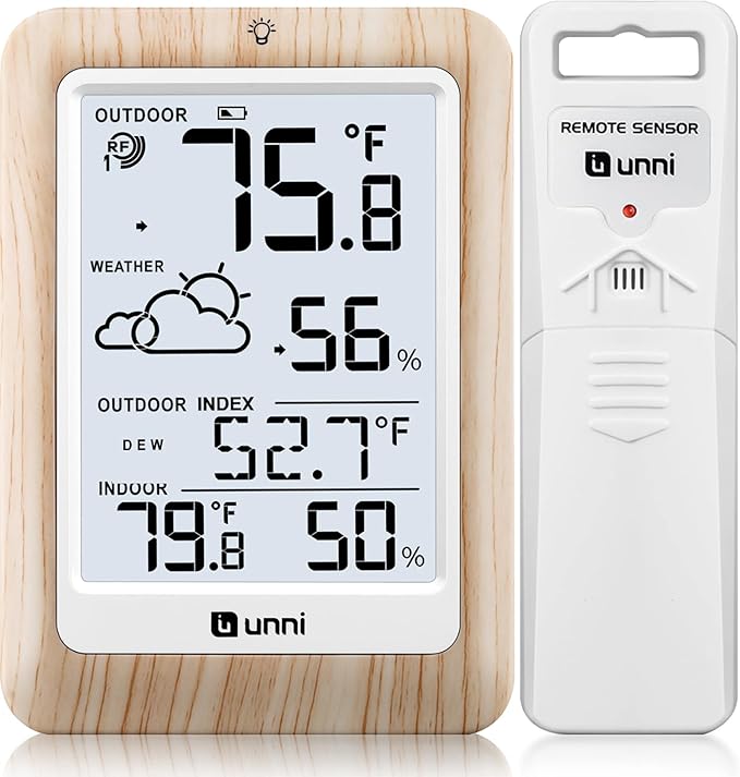 Indoor Outdoor Thermometer Wireless Weather Station, Temperature Humidity Monitor Battery Powered Inside Outside Thermometers with 330ft Range Remote Sensor and Backlight Display（Wood） by UUNNI