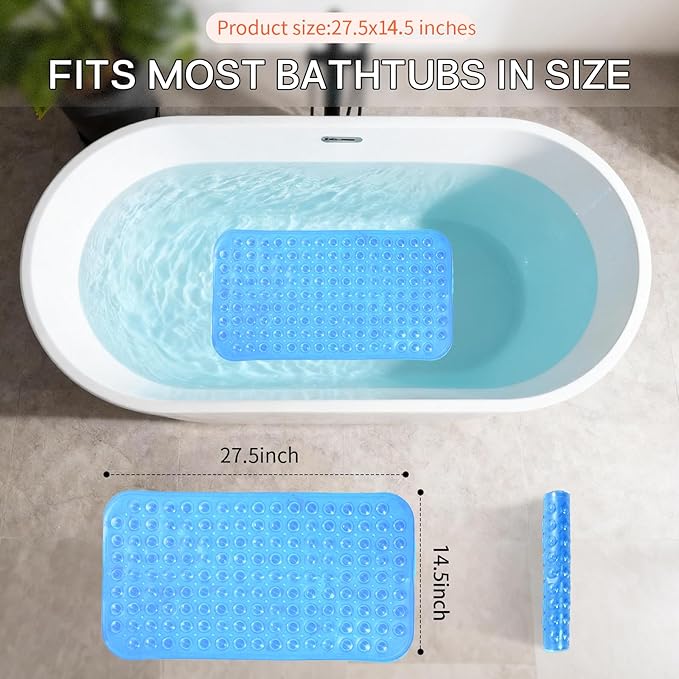 Anti-Slip Bathtub Shower mat, 27.5×14.5（Approximately 70×37cm） inch Soft Oversized Machine Washable Non-Slip Bathtub mat with Drainage Holes, Bathroom Floor Suction Cup.（1-Clear Blue） - Image 3