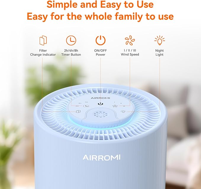 AIRROMI Air Purifier for Bedroom with HEPA 3-in-1 Filter, Pet Air Purifier for Home Cat Pee Smell, Covers Upto 990 Ft², Quiet 360° intake Air Cleaner for pet hair,allergies,Dust,Smoke A2001 Blue - Image 3
