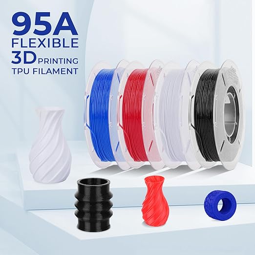 AMOLEN 3D Printer Filament, Flexible TPU Filament Bundle, 1.75mm TPU Filament Multicolor, Soft Filaments of High Elasticity, Supports High Speed, 200gX4 Spools(Black/White/Red/Blue) - Image 3