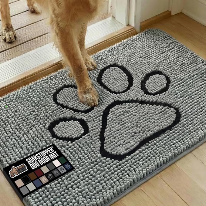 GORILLA GRIP SOAKSTOPPER Dog Door Mat, 36x24 Machine Washable Rug Absorbent Doormat Captures Moisture Mud Dirt, Quick Dry Soft Chenille Entryway Rugs Indoor Entrance Mats for Dog Paws, Paw Grey by GorillaGrip