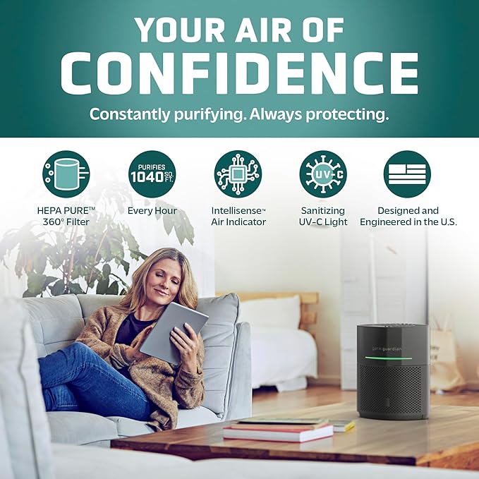 GermGuardian Airsafe+ Air Purifier for Home, for Wildfire Smoke, Pets, Pollen, Odor, Large Rooms Up To 1043 Sq. Ft. with HEPA Pure Air Filter, UV-C Light & Air Quality Sensor, 12", AC3000B, Black - Image 2