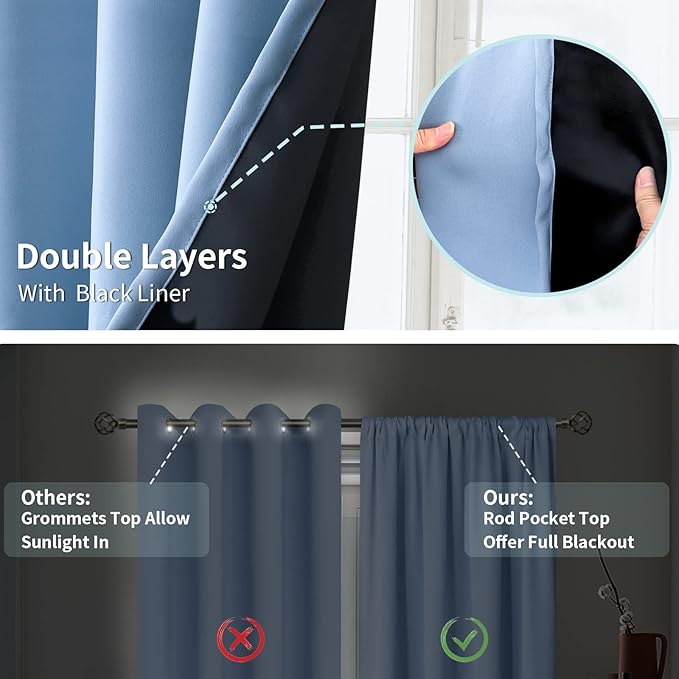 BGment Thermal Insulated 100% Blackout Curtains for Bedroom with Black Liner, Double Layer Full Room Darkening Noise Reducing Rod Pocket Curtain (42 x 84 Inch, Spa Blue, 2 Panels) - Image 6