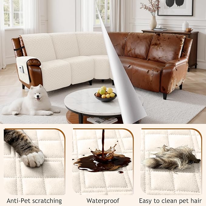 Arfntevss Waterproof Recliner Sectional Couch Covers for Reclining Sectional L Shape Sofa Cover Non Slip Washable Recliner L Shaped Slipcover Dog Additional Seat Protector (1 Seat Cover, Beige) - Image 6