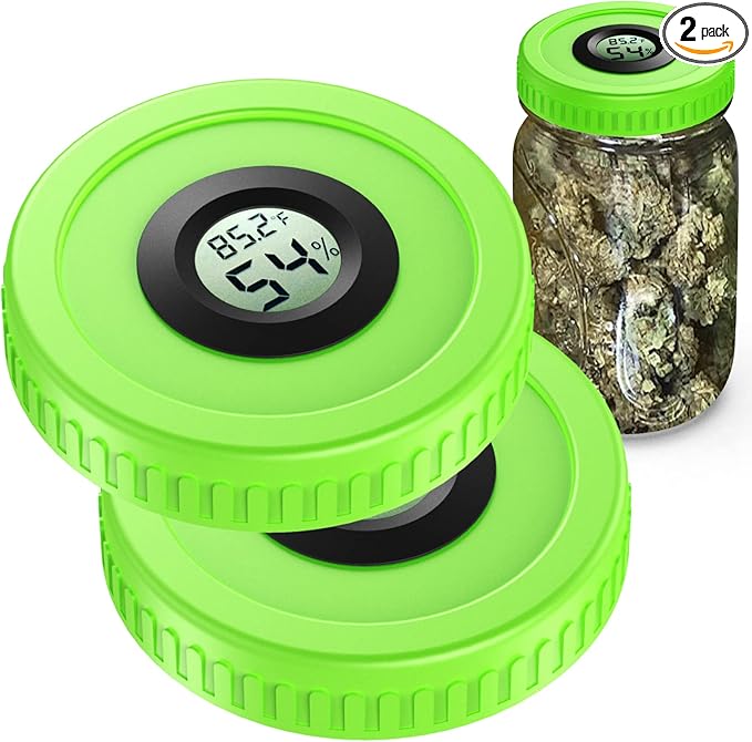 Mason Jar Lids Built-In Stash Hygrometer Herb Curing monitor fits all Wide Mouth/Regular Mouth Mason Jars humidity lid 2pcs (86mm, Green) by ZHANXUBIO