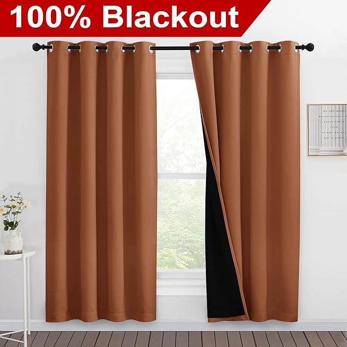 NICETOWN 100% Blackout Window Curtain Panels, Full Light Blocking Drapes with Black Liner for Nursery, 78-inch Drop Thermal Insulated Draperies (Burnt Orange, 2 Pieces, 55-inch Wide Per Panel) - Image 2